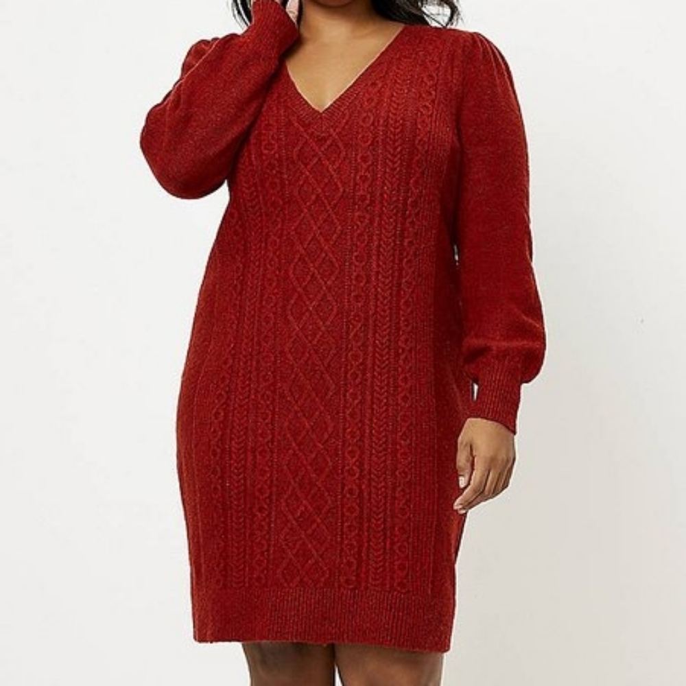 Red Rock Cable-Knit V-Neck Puff-Sweater Dress